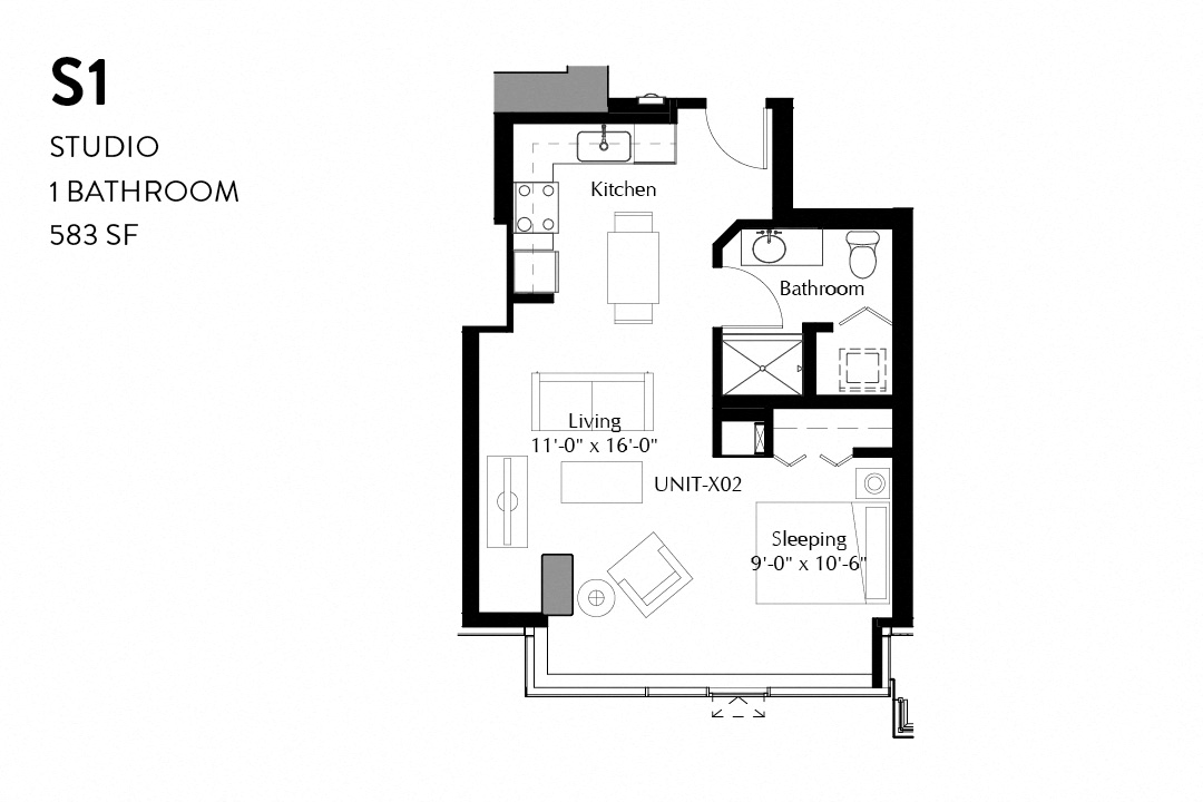 Floor plan for studio, 1 bath, 583 sqft